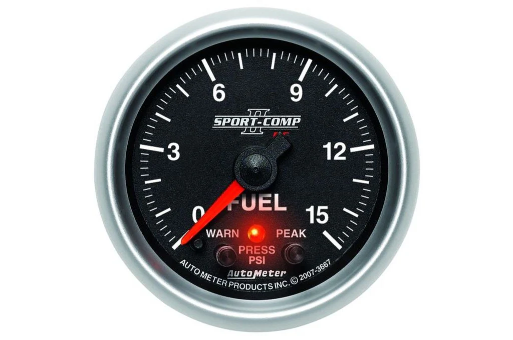 AutoMeter 52mm Sport Comp II Fuel Pressure Gauge, 0-15 PSI, Peak & Warn, Stepper Motor (3667)