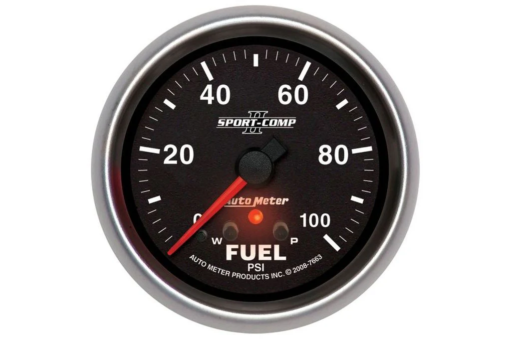 AutoMeter 2-5/8" Sport Comp II Fuel Pressure Gauge, 0-100 PSI, Peak & Warn, Stepper Motor (7663)