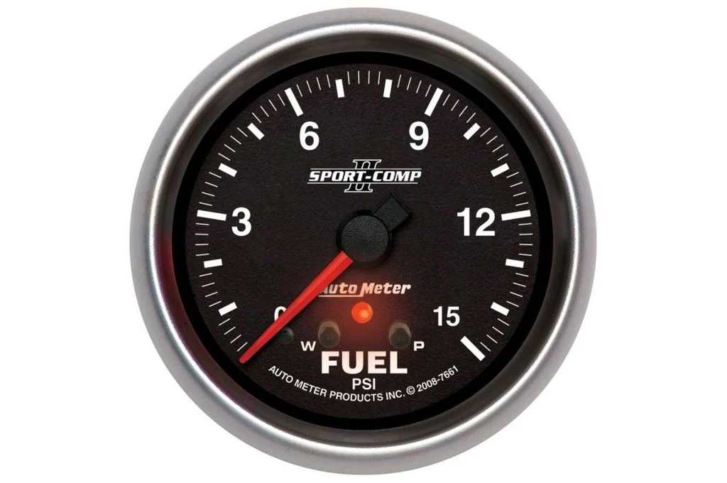 AutoMeter 2-5/8" Sport Comp II Fuel Pressure Gauge w/ Peak & Warn, 0-15 PSI, Stepper Motor (7661)