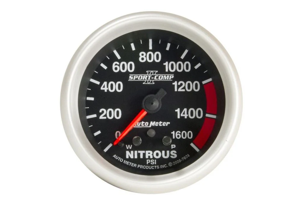AutoMeter 2-5/8" Sport Comp II Nitrous Pressure Gauge w/ Peak & Warn, 0-1600 PSI (7674)