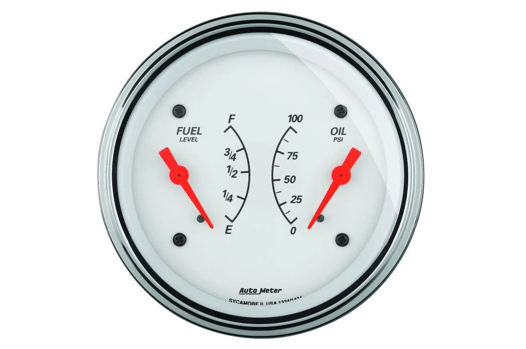 AutoMeter 3-3/8" Arctic White Dual Gauge, Oil pressure, Fuel Level, 100 PSI/0-90 Ω (1324)