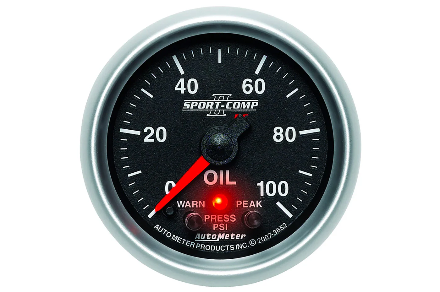 AutoMeter 52mm Sport Comp II Oil Pressure Gauge, 0-100 PSI, Peak & Warn (3652)