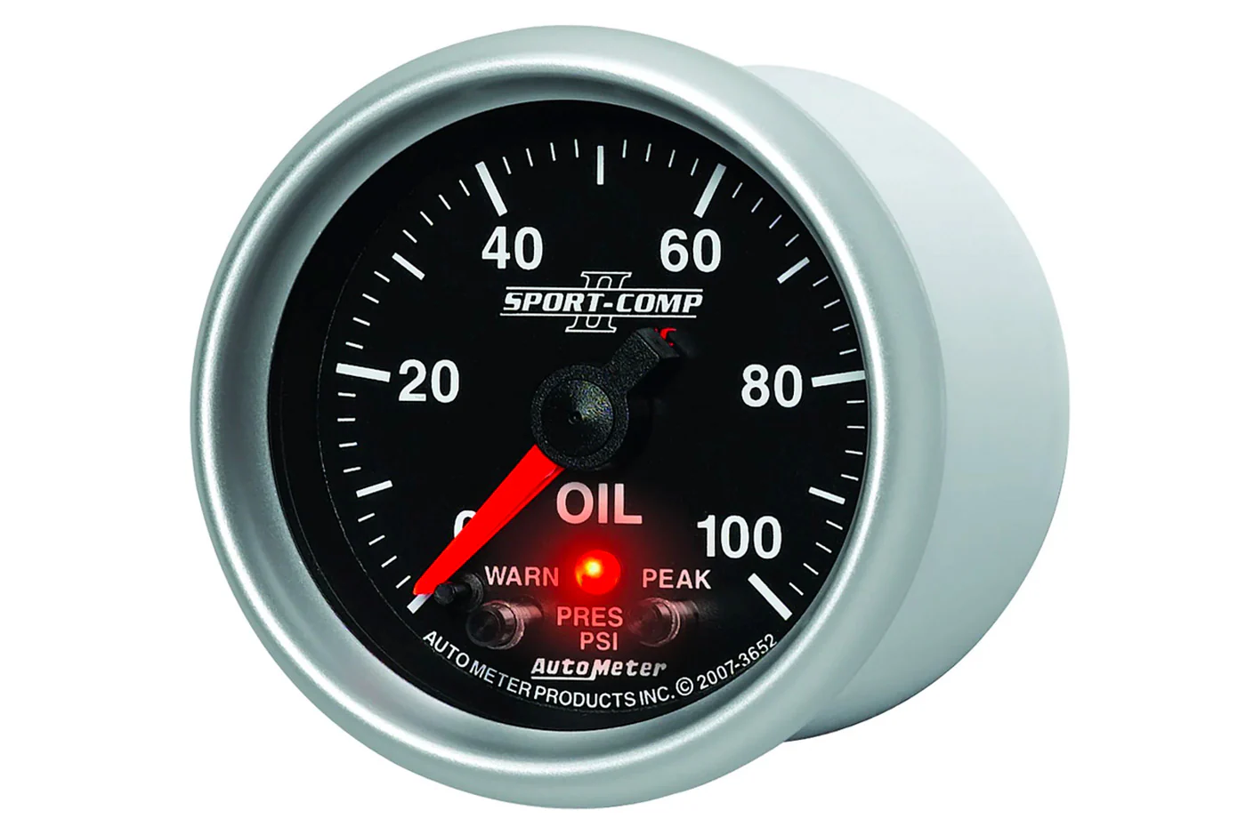 AutoMeter 52mm Sport Comp II Oil Pressure Gauge, 0-100 PSI, Peak & Warn (3652) - Image 2