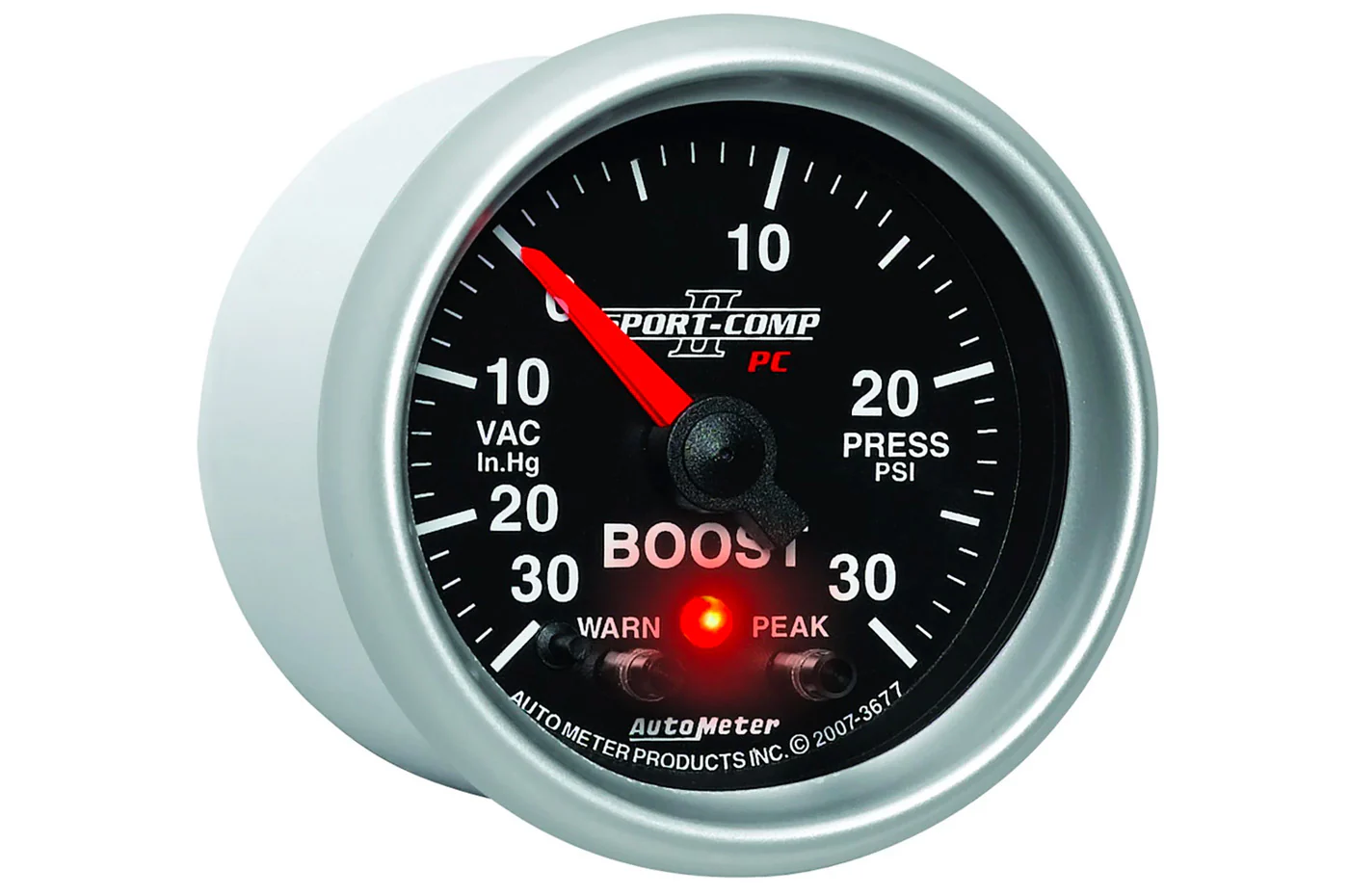 AutoMeter 52mm Sport Comp II Boost/Vacuum Gauge, 30 IN HG/30 PSI, Peak & Warn (3677) - Image 3