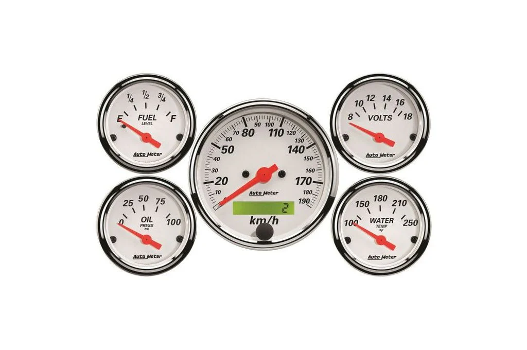 AutoMeter Arctic White 5 Pc. Gauge Kit, 3-1/8" & 2-1/16", Electric Speedometer, KM/H, Fuel, Oil (1302-M)