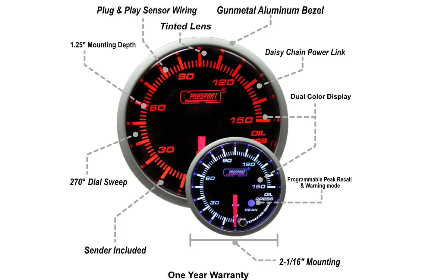 Prosport Premium Peak/Warn 52mm Oil Pressure Gauge 0-150 PSI - Image 3